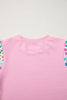 Pink Round Neck Textured Contrast Floral Bubble Sleeve Blouse