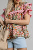 Multicolour Floral Tiered Ruffled Short Sleeve Blouse