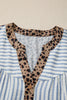 Sky Blue Stripe Leopard Trim V Neck Button Down Half Sleeve Shirt