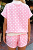 Green Polka Dot Print Color Block Trim Mock Neck Short Set