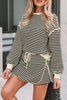 Black Stripe Textured Drop Shoulder Pullover Top Drawstring Mini Skirt Two Piece Dress Set