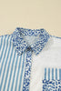 Sky Blue Leopard Striped Patchwork Casual Plus Shirt