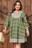 Green Plus Size Mixed Floral Print Striped Trim Loose Mini Dress