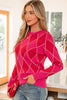Rose Red Glitter Rhombus Pattern Knit Womens Casual Sweater