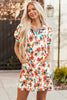 Orange Contrast Trim Floral Split Neck Puff Short Sleeve Tiered Mini Dress