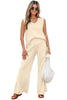 Beige Solid Color Tank Top and Smocked Waist Pants Set