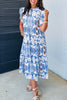 Sky Blue Tropical Botanic Print Flutter Sleeve Vacation Long Dress