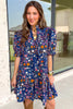 Blue Wild Daisy Floral Split Neck Short Puff Sleeve Mini Dress