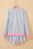 Pink Stripe Color Block Detail Long Sleeve Pullover Elastic Waist Pull On Shorts 2pcs Set