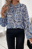 Blue Tribal Print Lace-up Frilled Neck Puff Sleeve Blouse