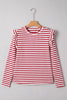 Red Stripe Round Neck Ruffle Trim Long Sleeve Top