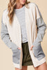 Black Stripe Colorblock Patchwork Open Front Cardigan with Pocket