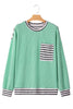 Sea Green Twisted Ribbed Contrast Round Neck Striped Patchwork Long Sleeve Top