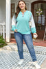Aruba Blue Twist Ribbed Color Block Plaid Patchwork Plus Size Long Sleeve Top