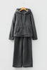 Medium Grey Fuzzy Drawstring Hoodie Lounge Pants 2pcs Set