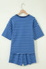 Blue Stripe Striped Ribbed Cotton Two-Piece Short Set with Chest Patch Detail