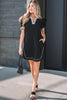 Black Leopard Trim Notched Neck Short Puff Sleeve Shift Mini Dress