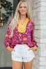 Rose Contrast Placket Split V Neck Floral Blouse