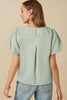 Green Stripe Textured Round Neck Short Puff Sleeve Blouse