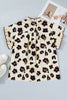 Khaki Plus Size Leopard Print Frilled Color Block Trim Button Down Short Sleeve Blouse