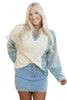 Beige Floral Striped Drop Sleeve Collared Boxy Fit Sweatshirt