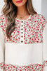 Red Floral Print Gauze Patchwork Henley Button 3/4 Sleeve Blouse