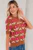 Brown Floral Short Puff Sleeve Sweater