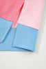 Light Pink Floral Colorblock Patchwork Chest Pocket Notched Neck Long Sleeve Top