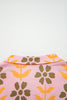Pink Floral Print Zip Neck Striped Patchwork Long Sleeve Drawstring Dress