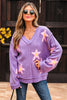 Lavendula Brushed Star Graphic V Neck Drop Shoulder Oversize Sweater