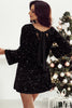 Black Sequin Long Sleeve Knot Cutout Back Mini Dress