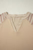 Parchment Striped Raglan Sleeve Notched Neck Raw Edge Plus Size Jumper