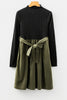 Black Ribbed Knit Slim Bodice Contrast Flared Skirt Patchwork Belted Dress