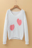 White Pearl Beaded Heart Pattern Fuzzy V Neck Sweater