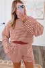 Brown Stripe Relaxed Long Sleeve Top Contrast Elastic Waistband Short Set