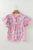 Pink Baroque Floral Ruffle Sleeve V Neck Blouse Top