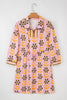 Pink Floral Print Zip Neck Striped Patchwork Long Sleeve Drawstring Dress