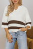 Brown Striped Accent Notched V Neck Cropped Sweater T Shirt