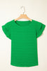 Dark Green Textured Ruffled Sleeve Round Neck Top