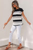 Black Stripe Mixed Print Crew Neck Cap Sleeve T Shirt