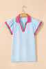 Beau Blue Color Contrast Ruffled Sleeve Collared V Neck Blouse