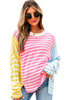 Multicolour Color Block Striped Patchwork Dolman Sleeve Slit Sweater