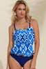 Navy Blue Abstract Print Frilled Trim Spaghetti Straps Tankini Set