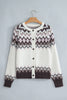 White Geometric Pattern Brushed Knit Button Cardigan