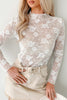 Apricot Pink Sheer Floral Lace Mesh Mock Neck Long Sleeve Top