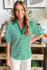 Green Stripe Collared V Neck Short Puff Sleeve Top
