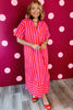 Red Stripe V Neck Cuffed Sleeve Relaxed Split Midi Dress