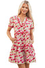 Red Floral Puff Sleeve Tiered Ric Rac Pocketed Mini Dress