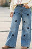Rhinestones & Bow Printed Straight Cut Denim Jeans