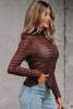 Coffee Sheer Mesh Patterned Lettuce Trim Slim Long Sleeve Top